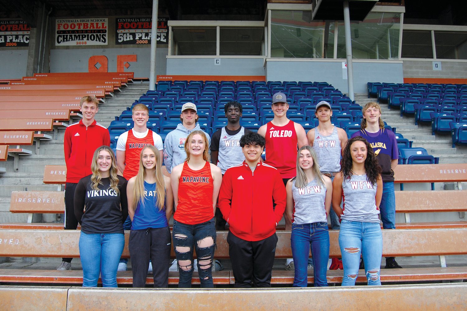 Members of the 2022 Lewis County All-Area Track and Field team pose for a photo at Centralia High School’s Tiger Stadium. Athletes pictured in the front row, from left: Caelyn Marshall, Reagan Nallion, Keira O’Neill, Joshhill Tilton, Sadie Dahlin and Savanna Bolivar. In the back row, from left: Connor Olmstead, Lucas Dahl, Talon Betts, Brian Anouma, Carson Olmstead, Elijah Annonen and Kole Taylor. Not pictured: Matt Cooper, Devin Harrison, Carter Phelps, Isaac Ramirez, Seth Hoff, Jordan Koetje, Elaina Koenig, Charlie Carper, Emily Weddle, Addison Hall and Cali Scofield.